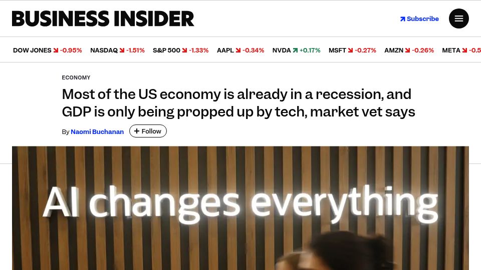 Screenshot of businessinsider.com: Most of the US economy is in a recession