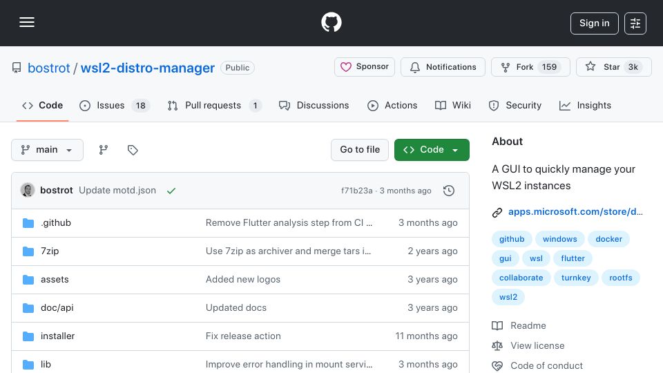 Screenshot of github.com: WSL Manager