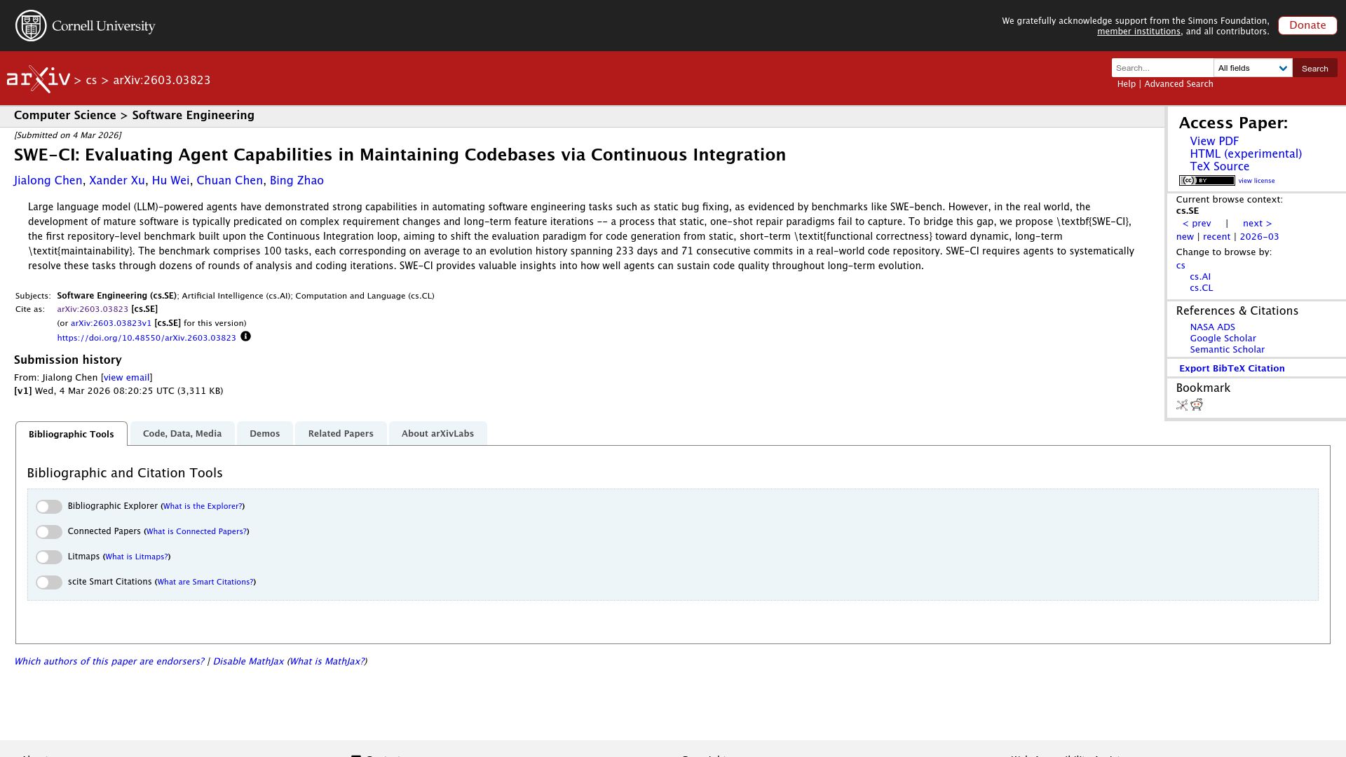 Screenshot of arxiv.org: SWE-CI: Evaluating Agent Capabilities in Maintaining Codebases via CI