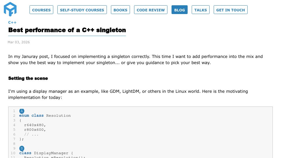 Screenshot of andreasfertig.com: Best performance of a C++ singleton