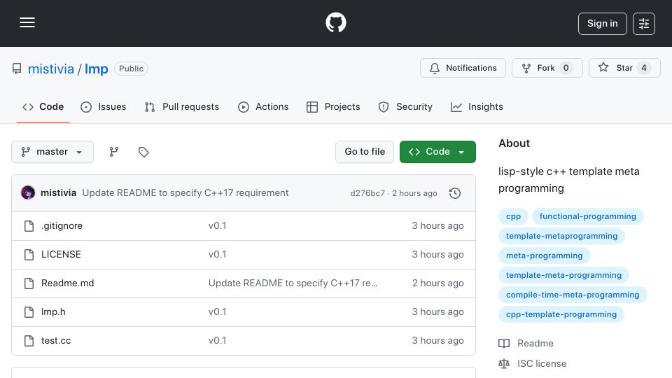 Screenshot of github.com: Lisp-style C++ template meta programming