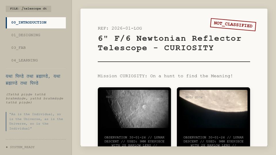 Screenshot of curiosity-telescope.vercel.app: Show HN: Curiosity – DIY 6" Newtonian Reflector Telescope