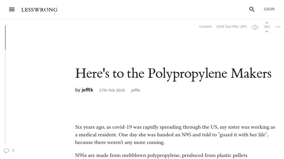 Screenshot of lesswrong.com: To the Polypropylene Makers