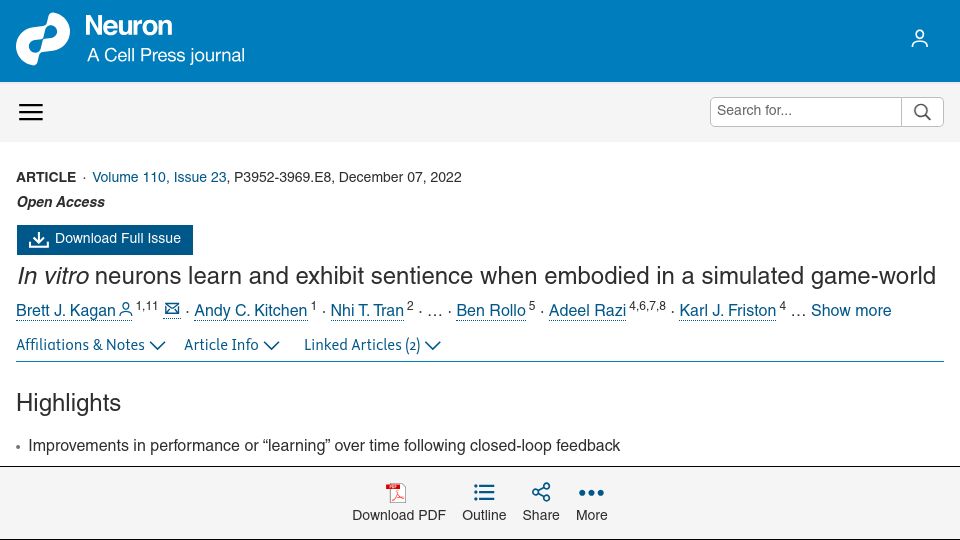 Screenshot of cell.com: In vitro neurons learn and exhibit sentience when embodied in a game-world(2022)