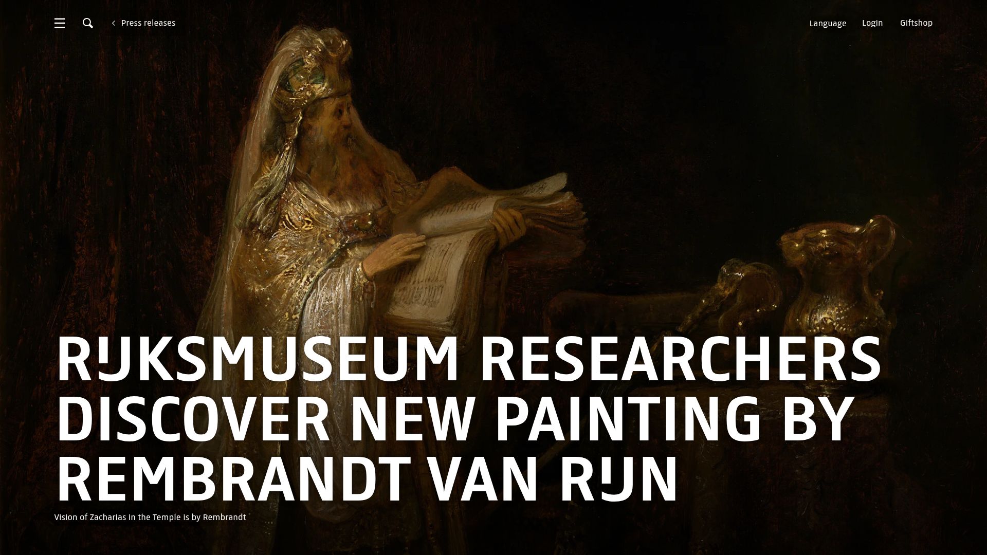 Screenshot of rijksmuseum.nl: Rijksmuseum researchers discover new painting by Rembrandt van Rijn