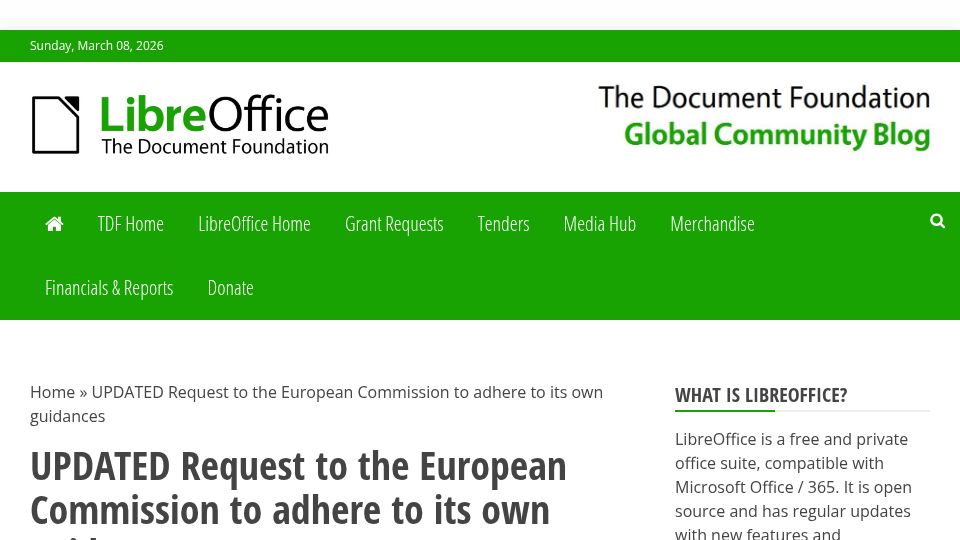 Screenshot of blog.documentfoundation.org: LibreOffice: Request to the European Commission to adhere to its own guidances