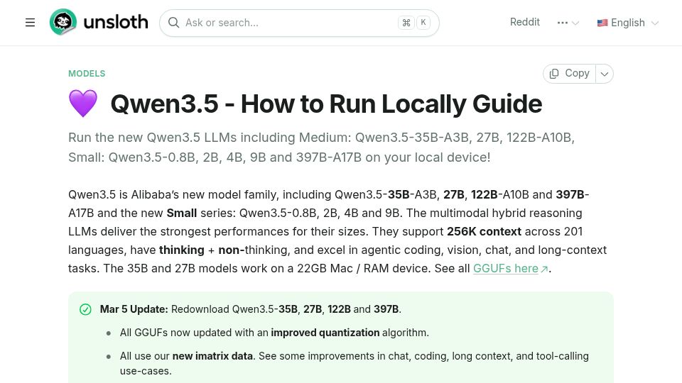 Screenshot of unsloth.ai: How to run Qwen 3.5 locally