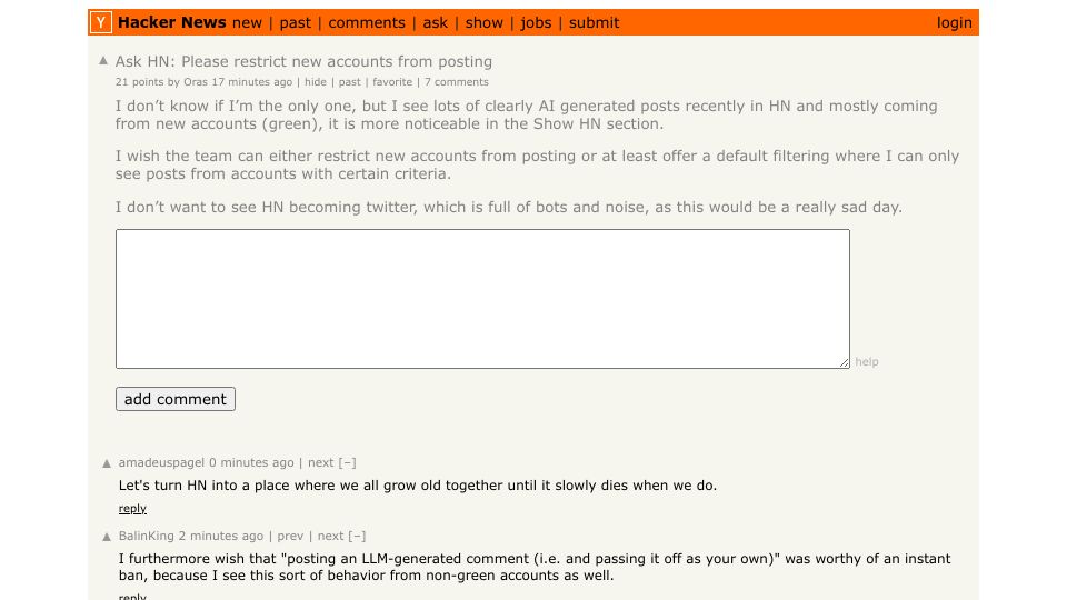 Screenshot of Hacker News post: Ask HN: Please restrict new accounts from posting