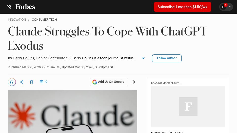 Screenshot of forbes.com: Claude struggles to cope with ChatGPT exodus