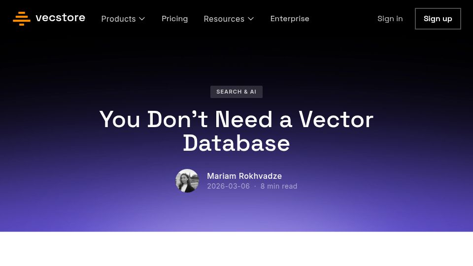 Screenshot of vecstore.app: You Don't Need a Vector Database