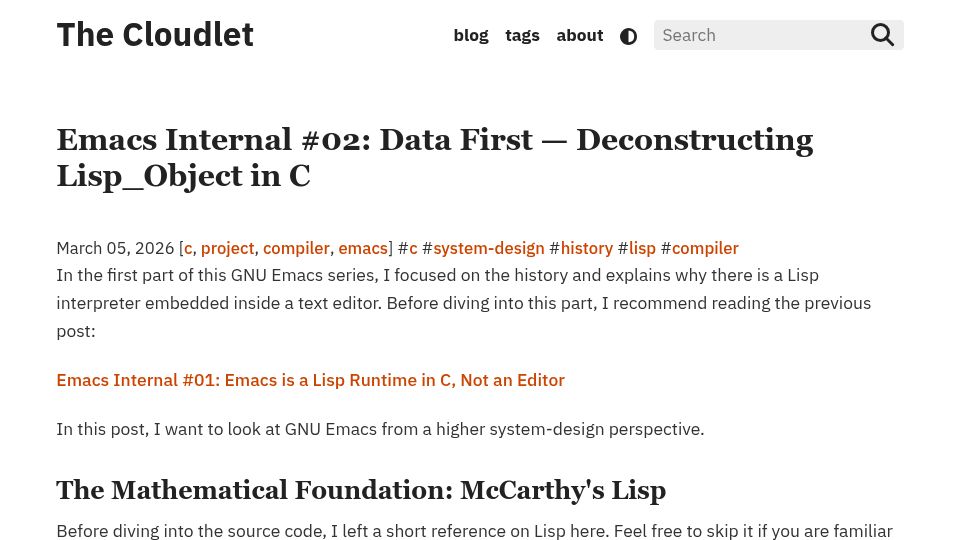 Screenshot of thecloudlet.github.io: Emacs internals: Deconstructing Lisp_Object in C (Part 2)