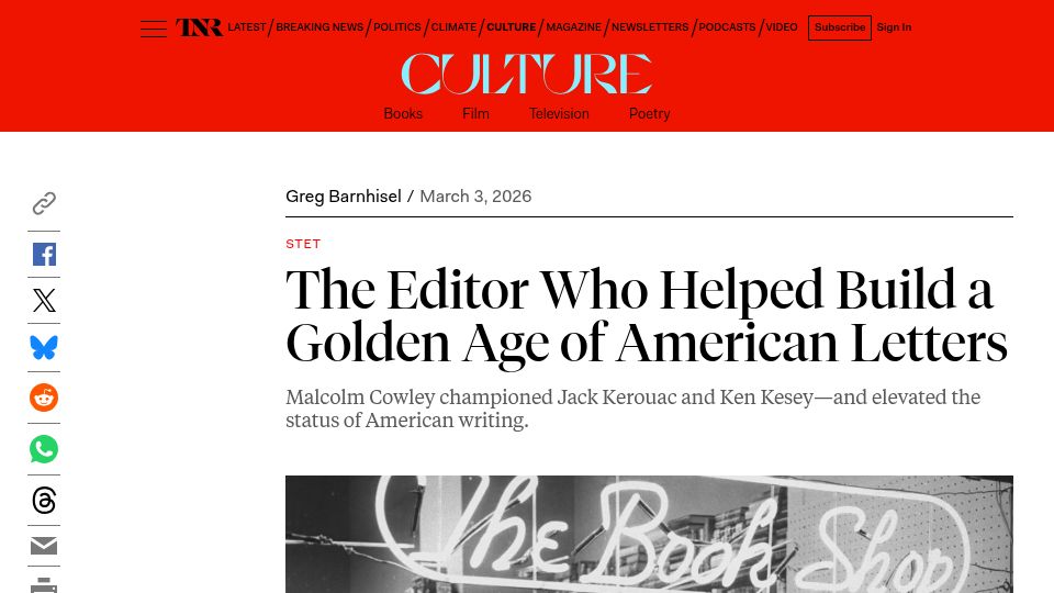 Screenshot of newrepublic.com: Malcolm Cowley helped build a golden age of American letters