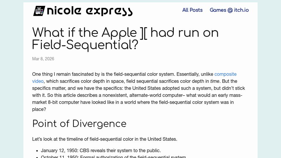 Screenshot of nicole.express: What if the Apple ][ had run on Field-Sequential?