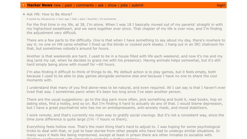 Screenshot of Hacker News post: Ask HN: How to be alone?