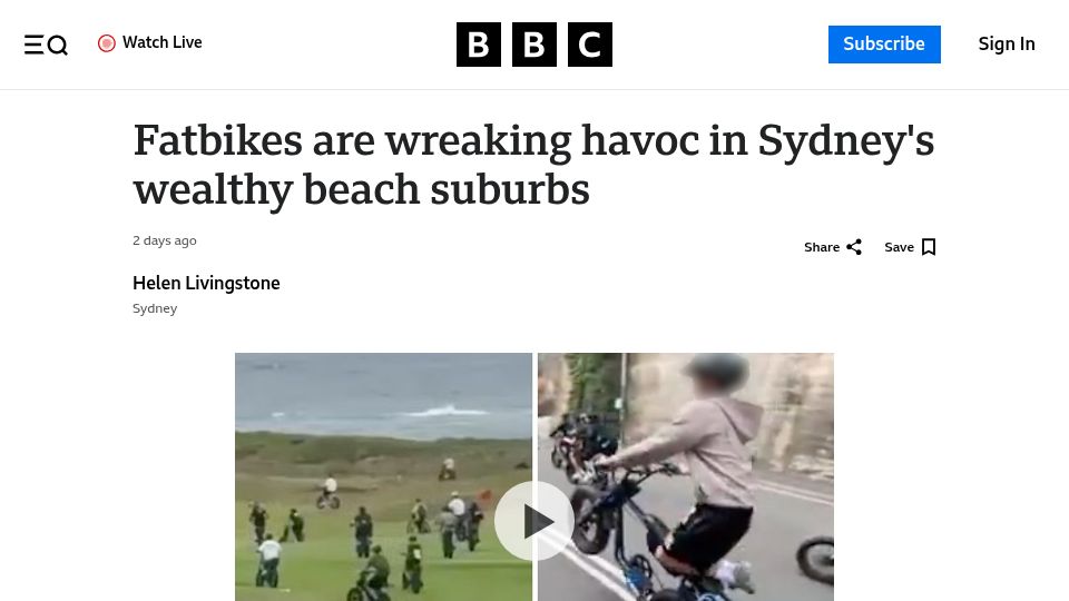 Screenshot of bbc.com: Fatbikes are wreaking havoc in Sydney's wealthy beach suburbs