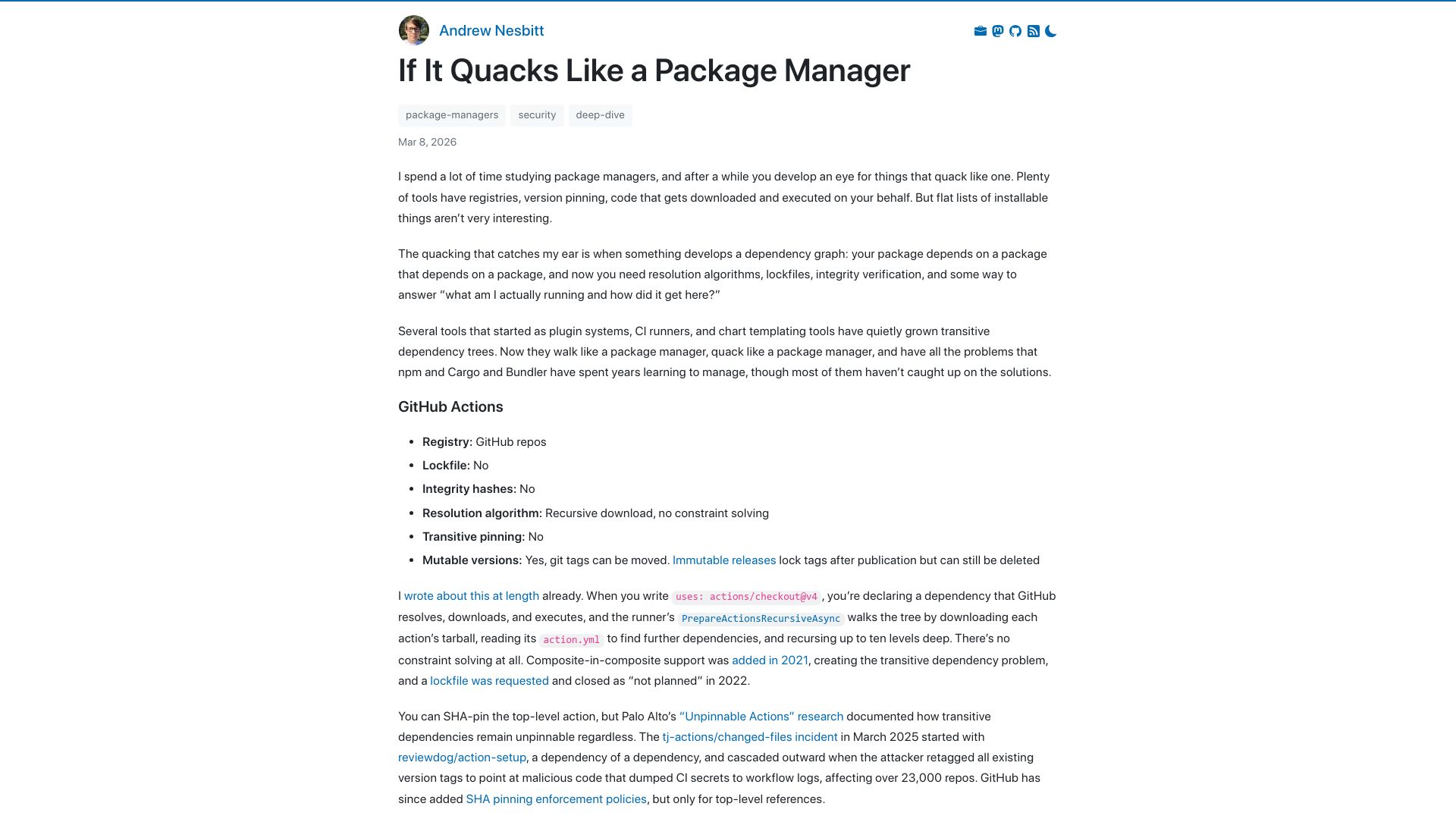 Screenshot of nesbitt.io: If It Quacks Like a Package Manager