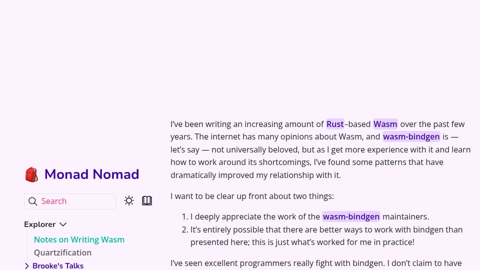 Screenshot of notes.brooklynzelenka.com: Notes on writing Rust-based Wasm