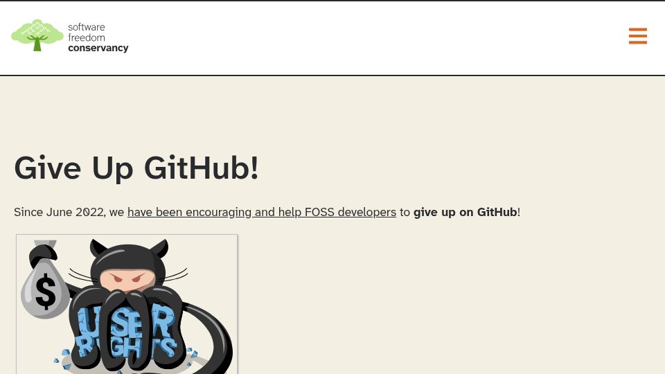 Screenshot of sfconservancy.org: Give Up GitHub – Software Freedom Conservancy