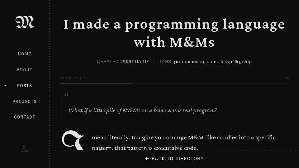 Screenshot of mufeedvh.com: I made a programming language with M&Ms