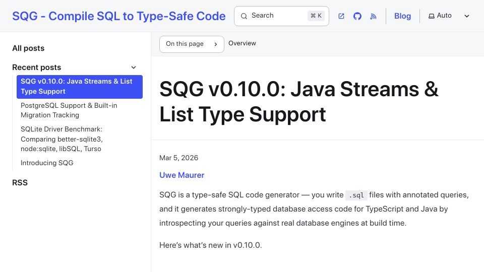 Screenshot of sqg.dev: SQG (SQL to Code Generator) v0.10: Java Streams and List Type Support