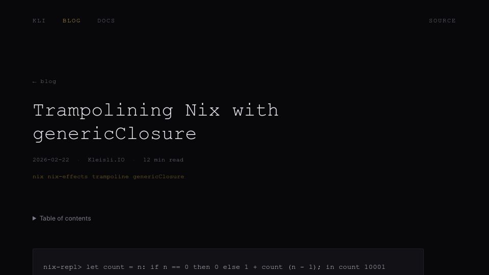 Screenshot of blog.kleisli.io: Trampolining Nix with GenericClosure