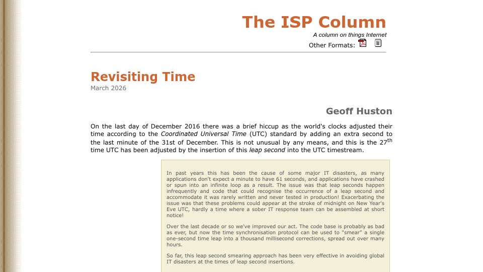 Screenshot of potaroo.net: Revisiting Time: UT1, UTC, NTP and NTS