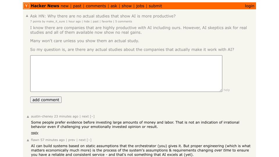 Screenshot of Hacker News post: Ask HN: Why there are no actual studies that show AI is more productive?
