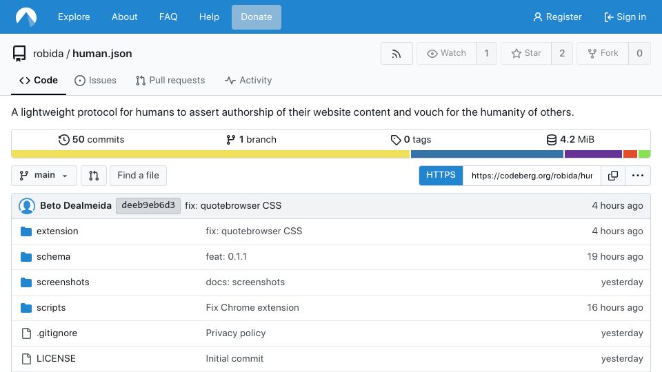 Screenshot of codeberg.org: The human.json Protocol