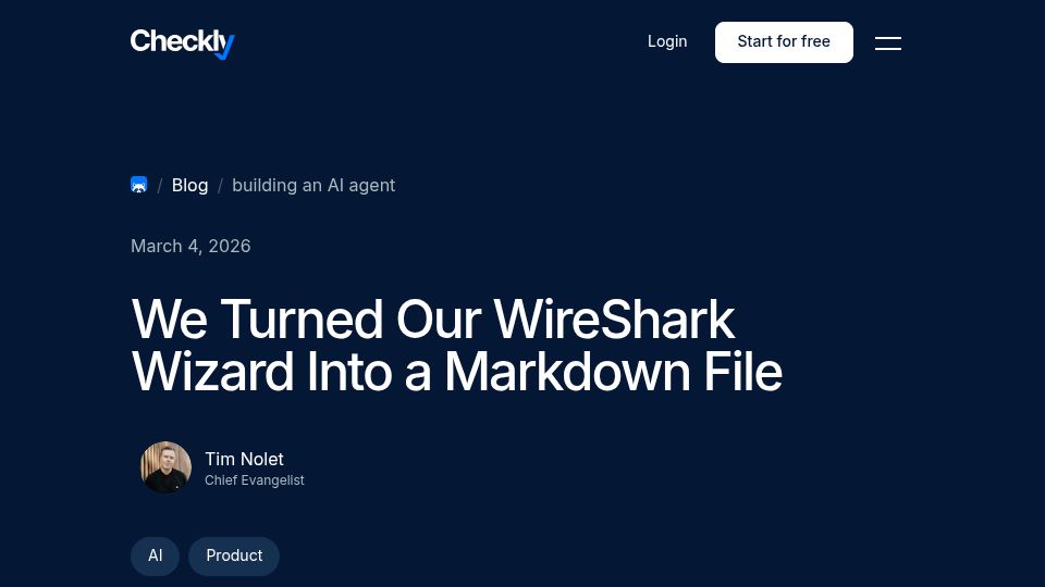 Screenshot of checklyhq.com: We Turned Our Wireshark Wizard into a Markdown File