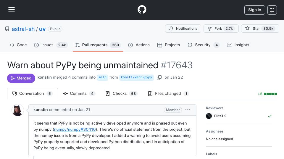 Screenshot of github.com: Warn about PyPy being unmaintained