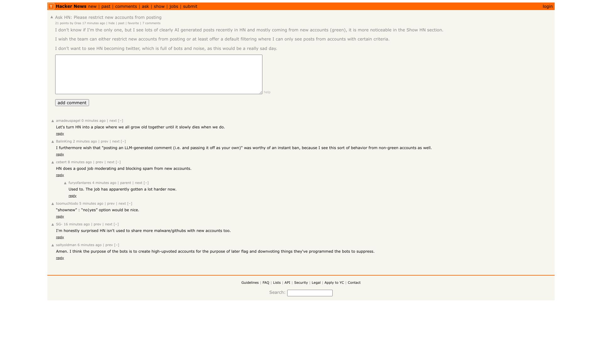 Screenshot of this Hacker News post: Ask HN: Please restrict new accounts from posting
