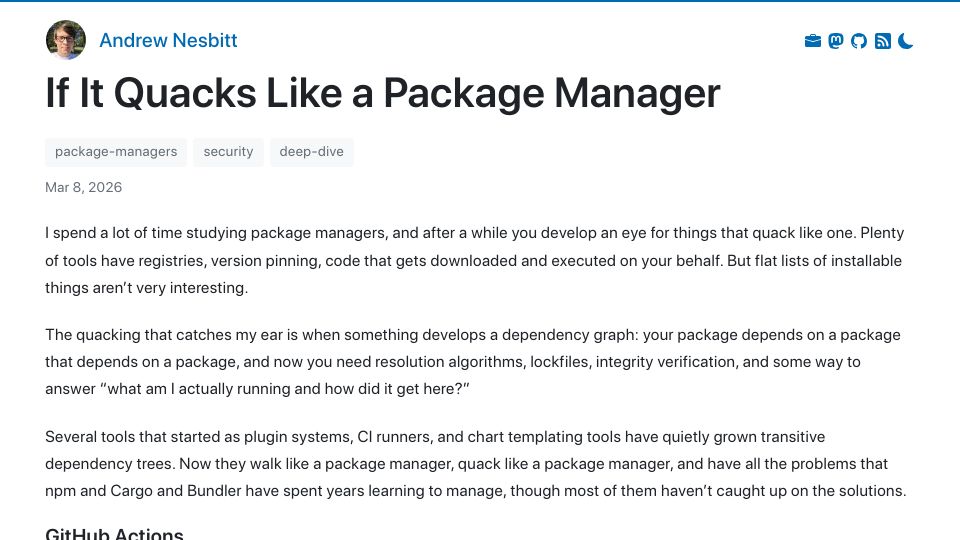 Screenshot of nesbitt.io: If It Quacks Like a Package Manager