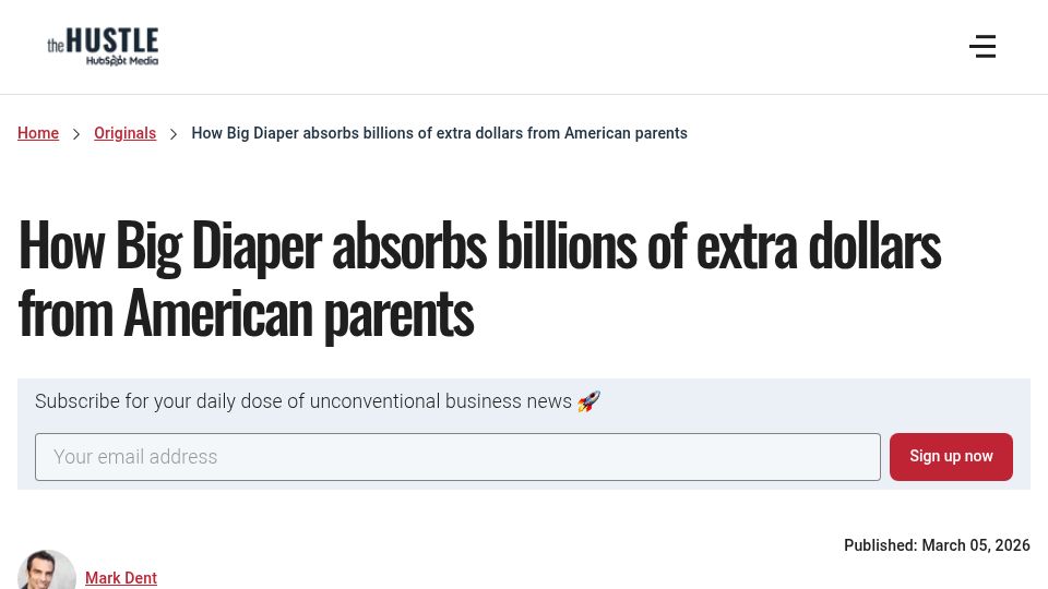 Screenshot of thehustle.co: How Big Diaper absorbs billions of extra dollars from American parents