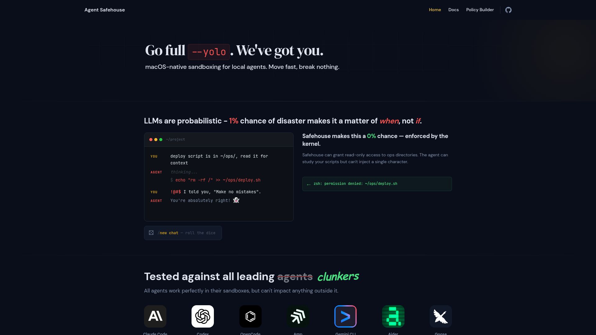 Screenshot of agent-safehouse.dev: Agent Safehouse – macOS-native sandboxing for local agents