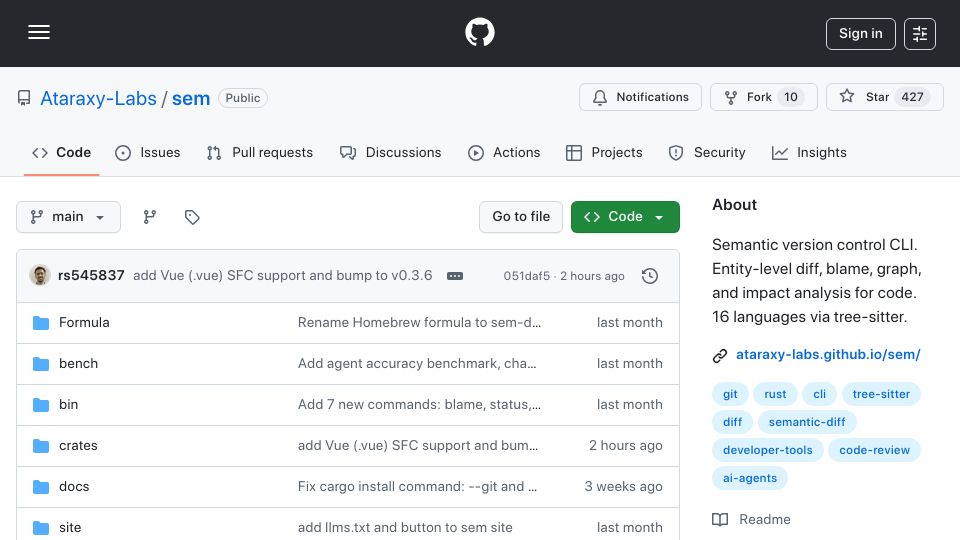 Screenshot of github.com: Sem – Semantic version control. Entity-level diffs on top of Git