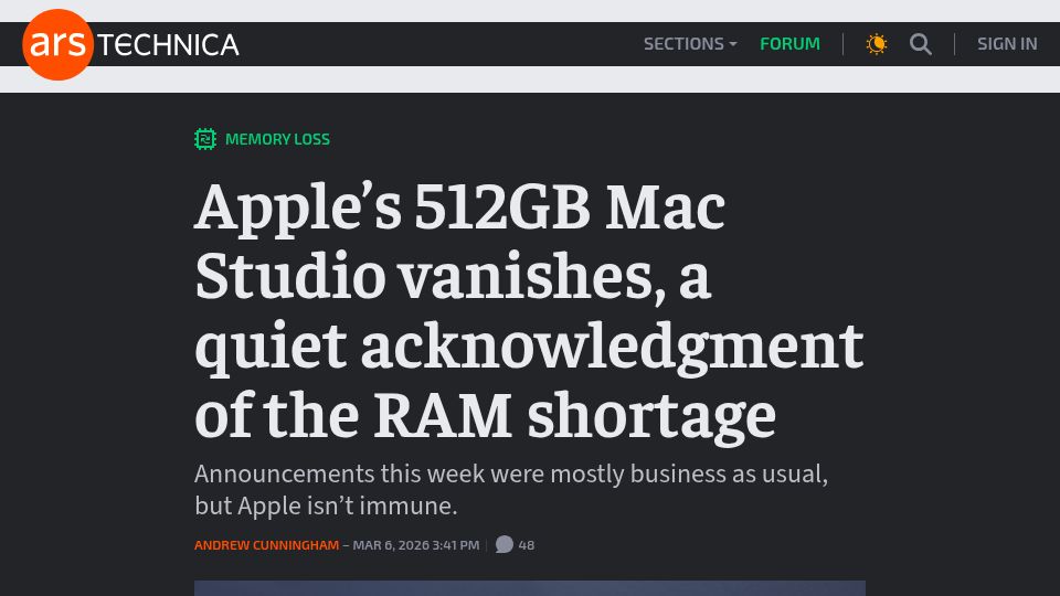 Screenshot of arstechnica.com: Apple's 512GB Mac Studio vanishes, a quiet acknowledgment of the RAM shortage