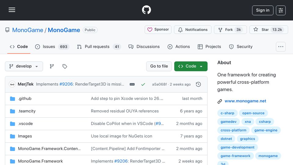 Screenshot of github.com: MonoGame: A .NET framework for making cross-platform games