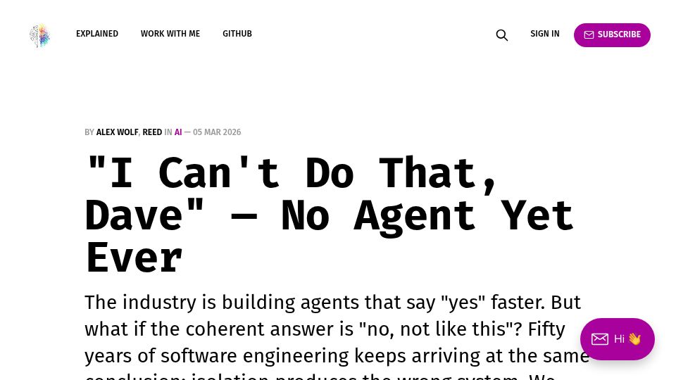 Screenshot of systemic.engineering: "I Can't Do That, Dave" – No Agent Yet