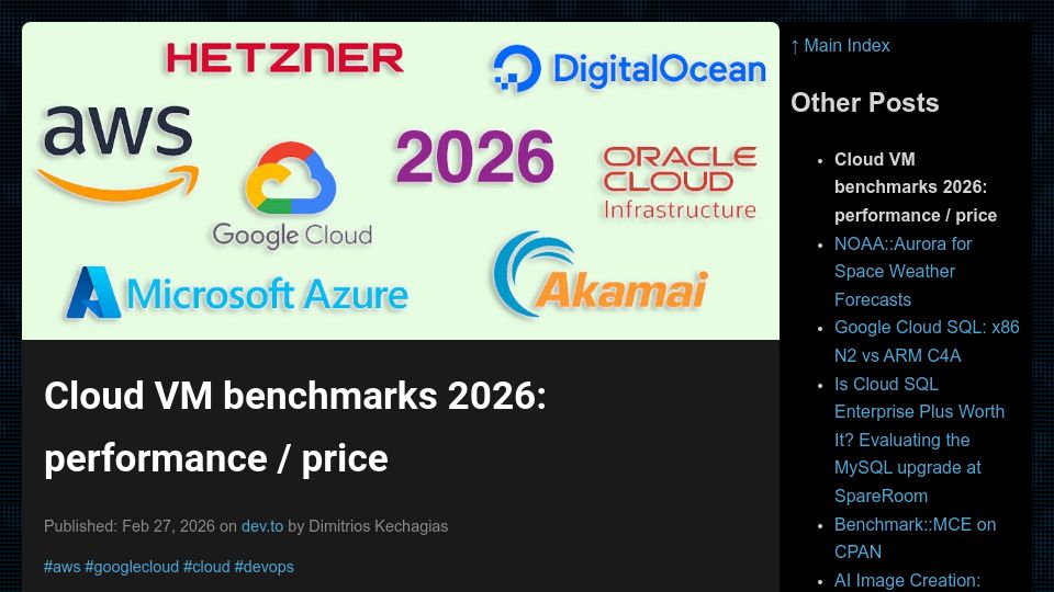 Screenshot of devblog.ecuadors.net: Cloud VM benchmarks 2026