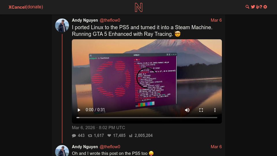 Screenshot of xcancel.com: I ported Linux to the PS5 and turned it into a Steam Machine