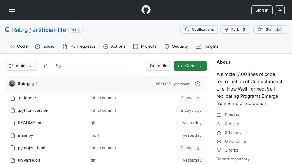 Screenshot of github.com: Artificial-life: A simple (300 lines of code) reproduction of Computational Life