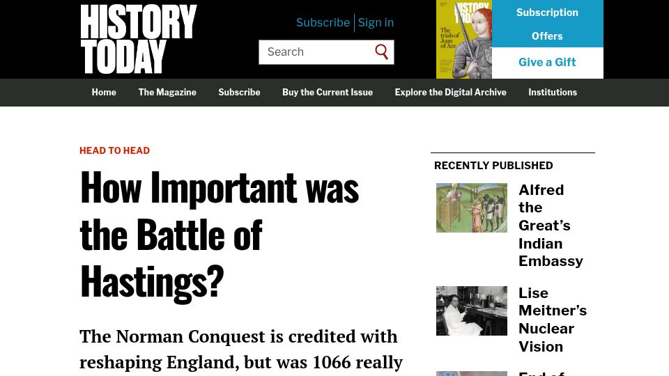 Screenshot of historytoday.com: How important was the Battle of Hastings?