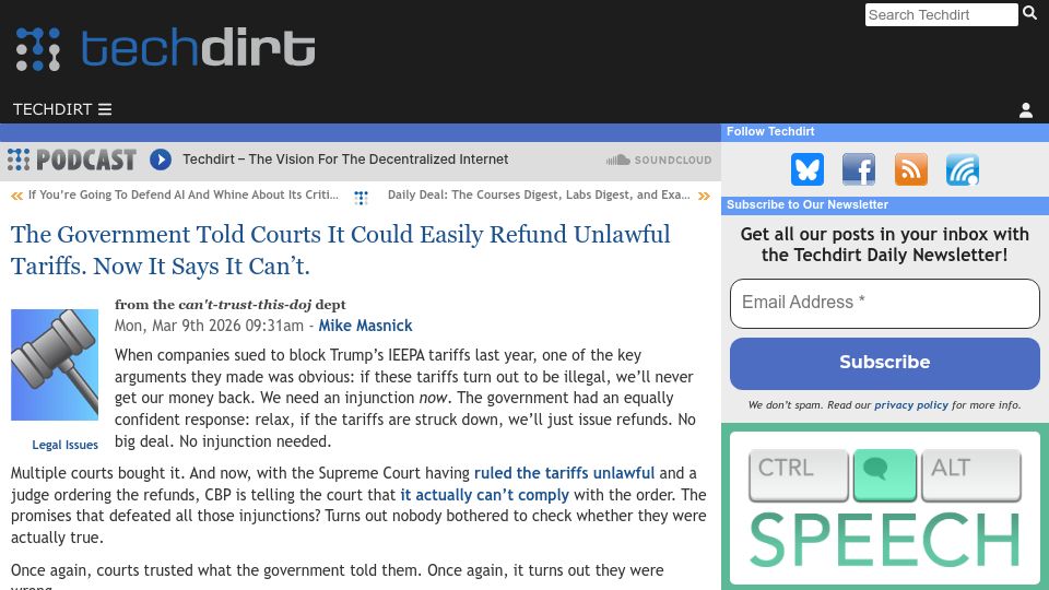 Screenshot of techdirt.com: The Government Told Courts It Could Easily Refund Tariffs. Now It Says It Can't