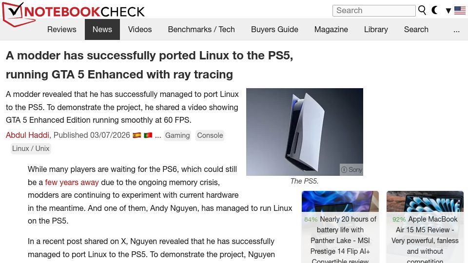 Screenshot of notebookcheck.net: A modder runs GTA V in Linux on PS5