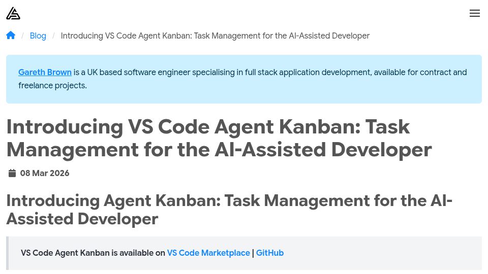 Screenshot of appsoftware.com: Show HN: VS Code Agent Kanban: Task Management for the AI-Assisted Developer