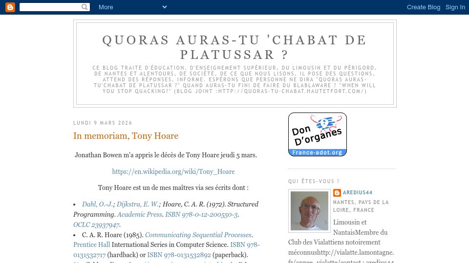 Screenshot of lefenetrou.blogspot.com: Sir Tony Hoare has died