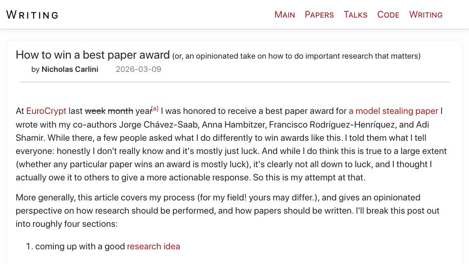 Screenshot of nicholas.carlini.com: An opinionated take on how to do important research that matters