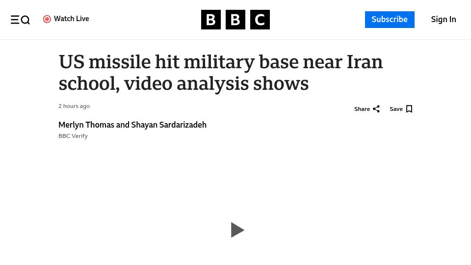 Screenshot of bbc.com: US missile hit military base near Iran school, video analysis shows