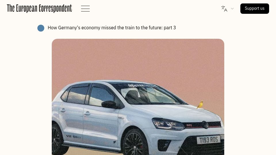 Screenshot of europeancorrespondent.com: The engine of Germany's wealth is blocking its future