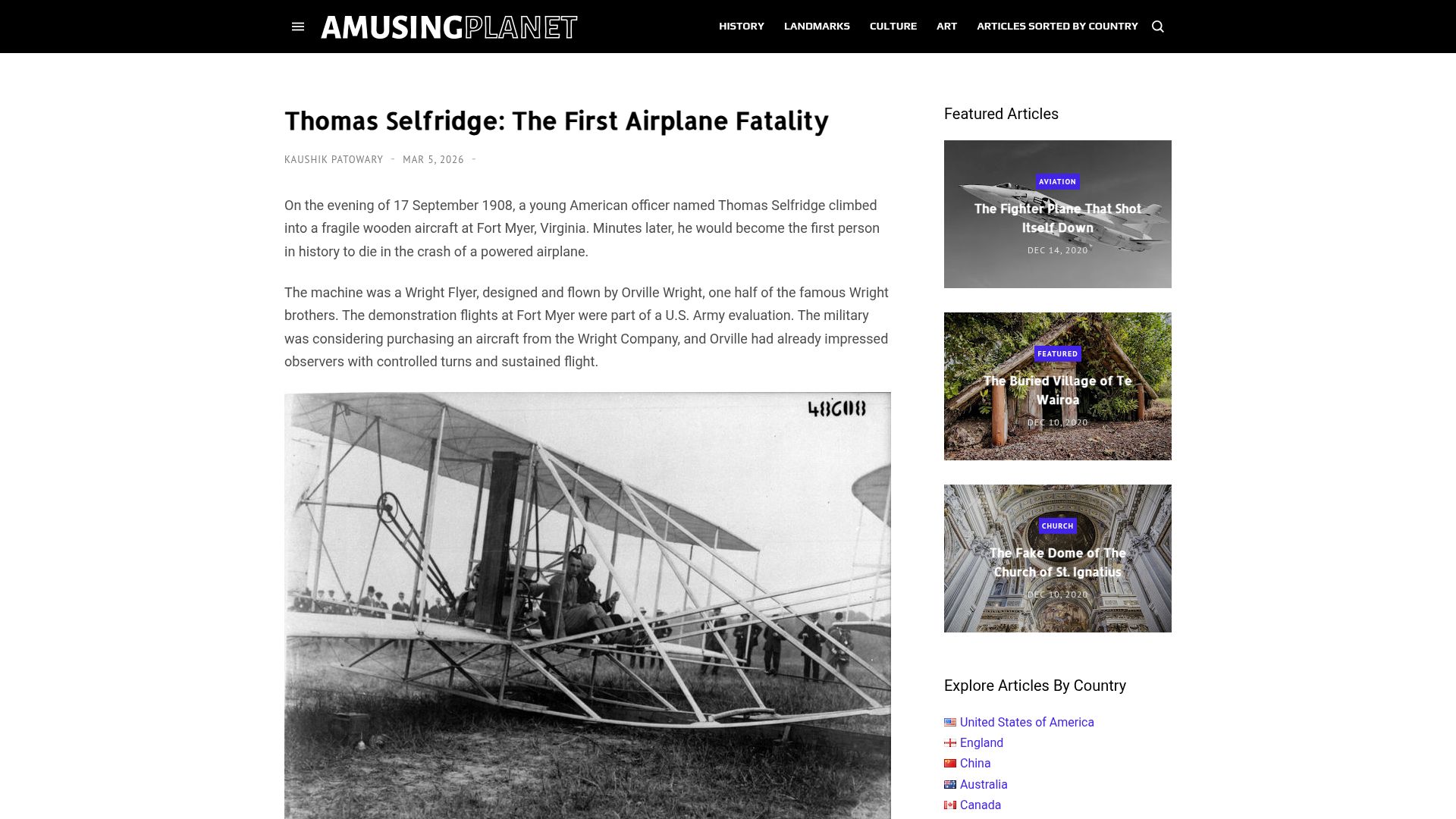 Screenshot of amusingplanet.com: The first airplane fatality